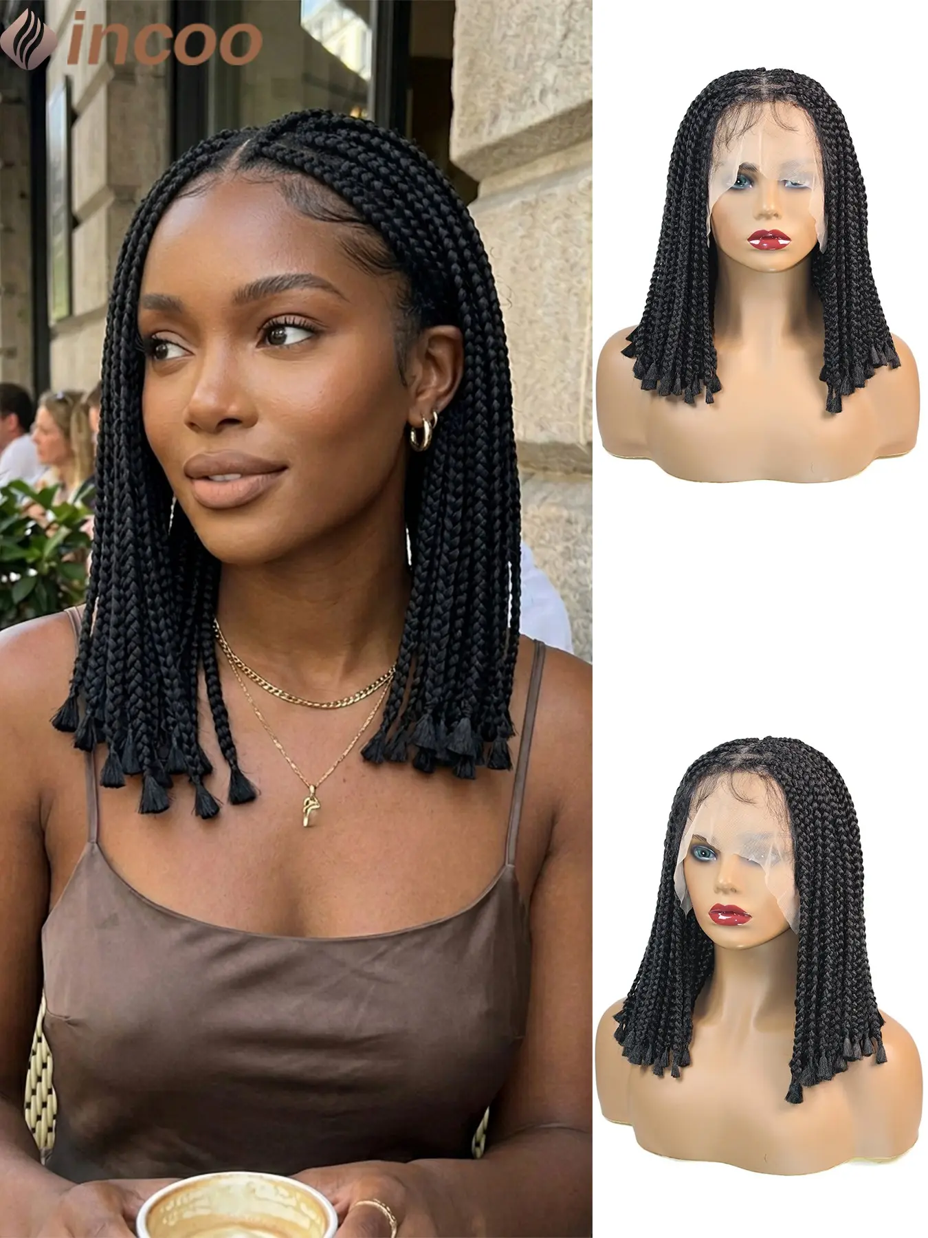 Small Box Braided Wig, Synthetic Braided Lace Wigs, 12inch Short Bob Braided Wigs, Full Lace Front Braids, Natural Black Knotless Braids Daily & Party Hairstyle, Faux Locs Braided Wig, Cornrow Braided Wig, Braiding Wig