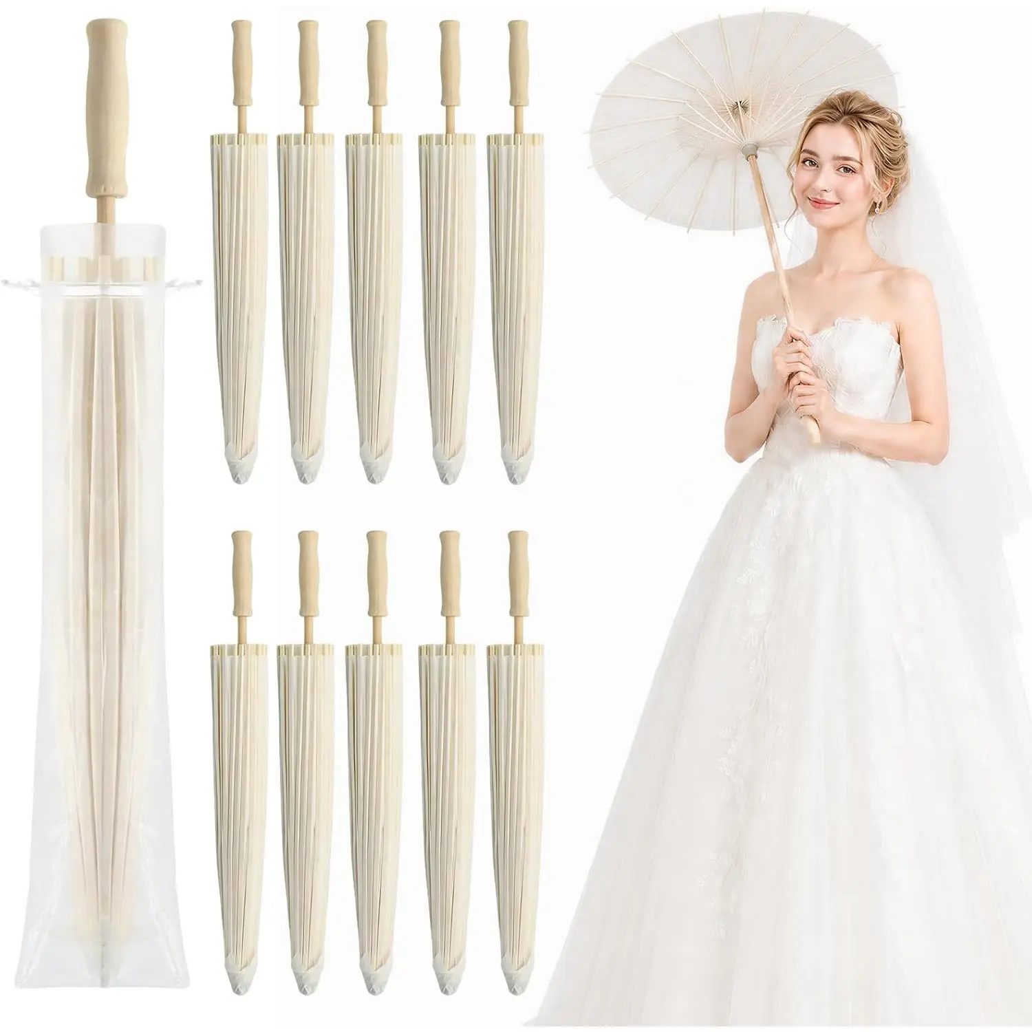 White Paper Umbrellas Parasols with Organza Bags,Chinese  Parasol  Oiled Paper Umbrella DIY Photo Props,for Wedding Bridal Showers Garden  Party Decorations