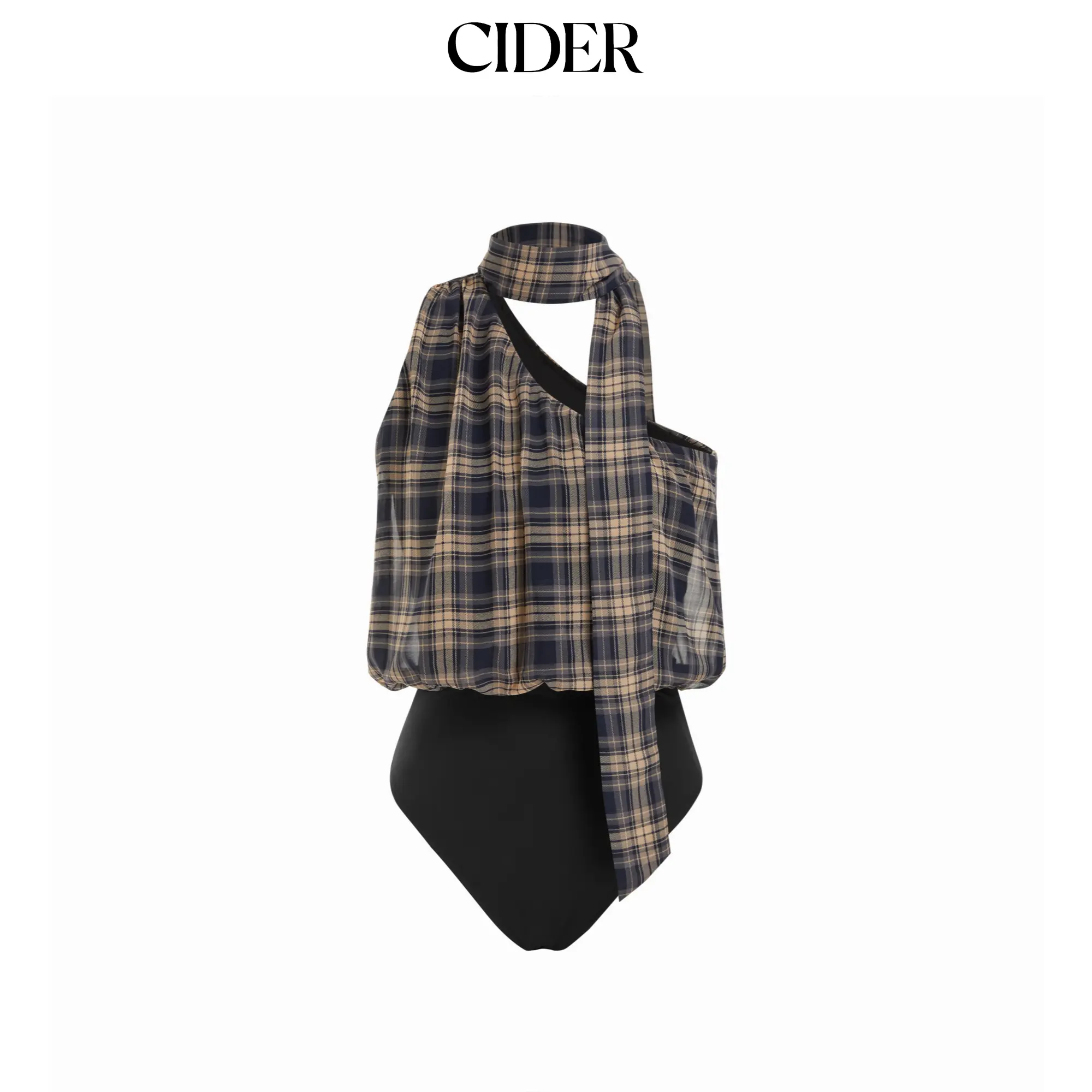 Cider Plaid Halter Neck Asymmetrical Crop Blouse Bodysuit With Scarf