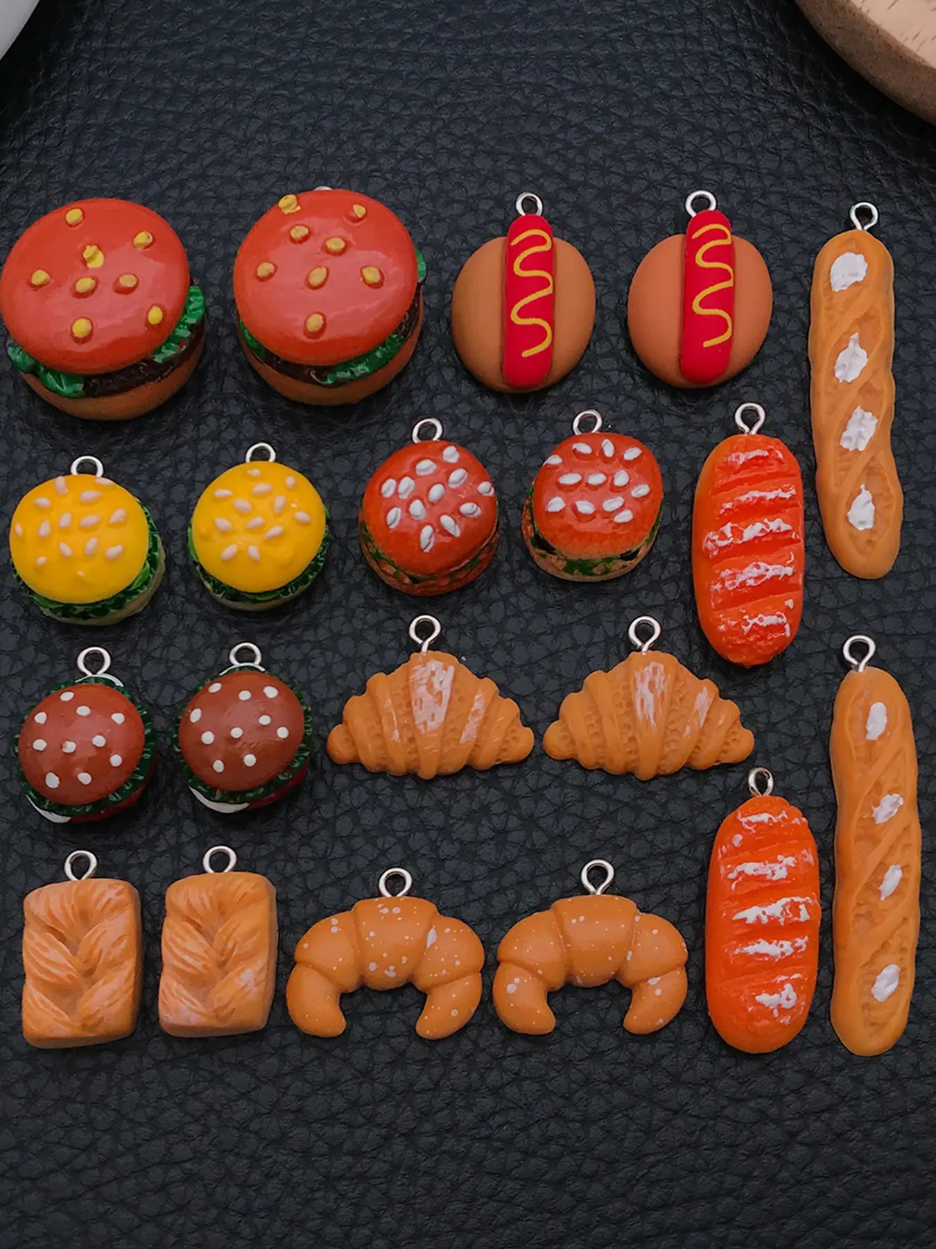 20pcs Assorted Food Resin Charms 3D Mini Hamburger Croissant Baguette Hot Dog Pendants DIY Jewelry Making Supplies for Bracelet Necklace Earring Handmade Crafts