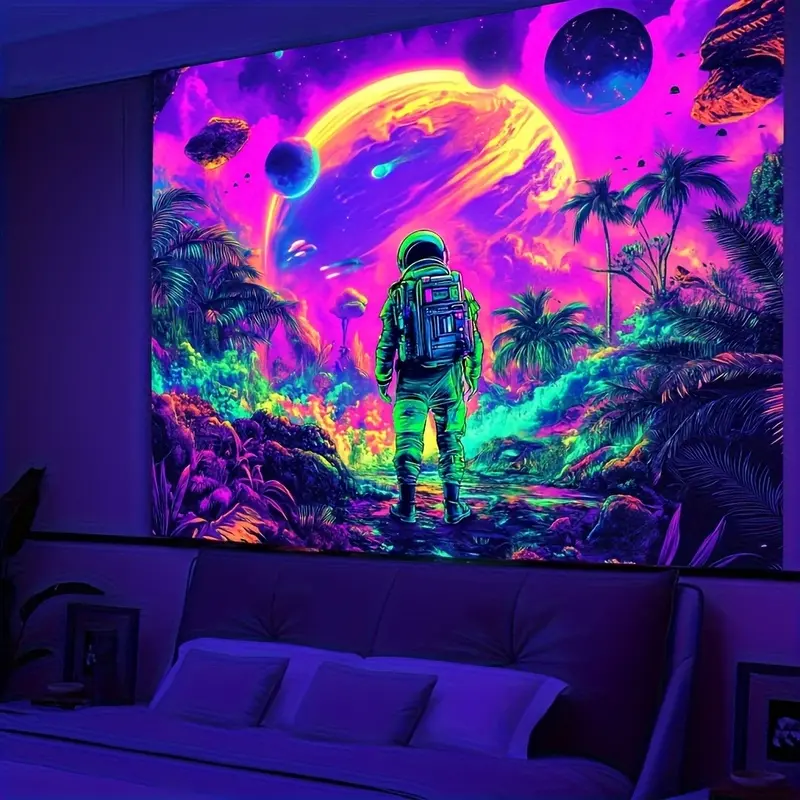 Glow-in-the-Dark Neon Space Explorer Galaxy Tapestry - Alien Jungle Wall Hanging, No Power Needed, Multiple Sizes, Free Hooks, Neon Graphic Artwork, Bedroom Decor, Indoor-Outdoor Home Decor, Event Divider