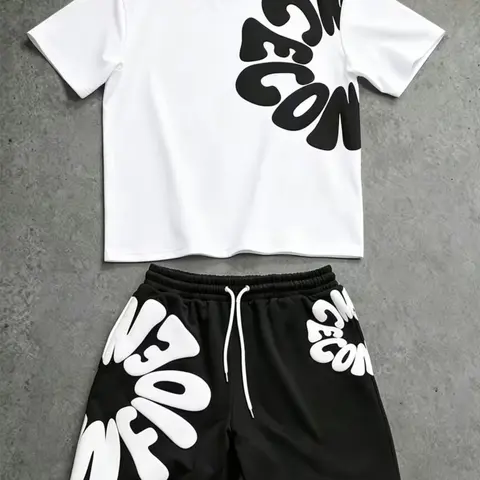 Men's Summer Street Style Letter Print Two-Piece Set, Casual Fitted Short Sleeve Tee and Shorts, Trendy Sportswear, Casual Sporty Set