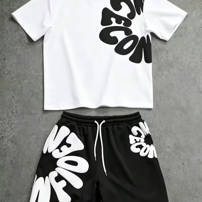 Men's Summer Street Style Letter Print Two-Piece Set, Casual Fitted Short Sleeve Tee and Shorts, Trendy Sportswear, Casual Sporty Set
