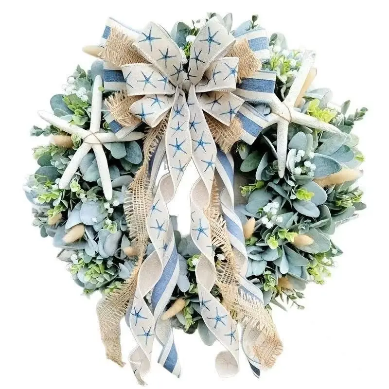 Summer Oceanic Style Artificial Wreath, Starfish Eucalyptus Leaf Door Hanging, Mediterranean Front Door Decor, Boho Decoration, 1pcs