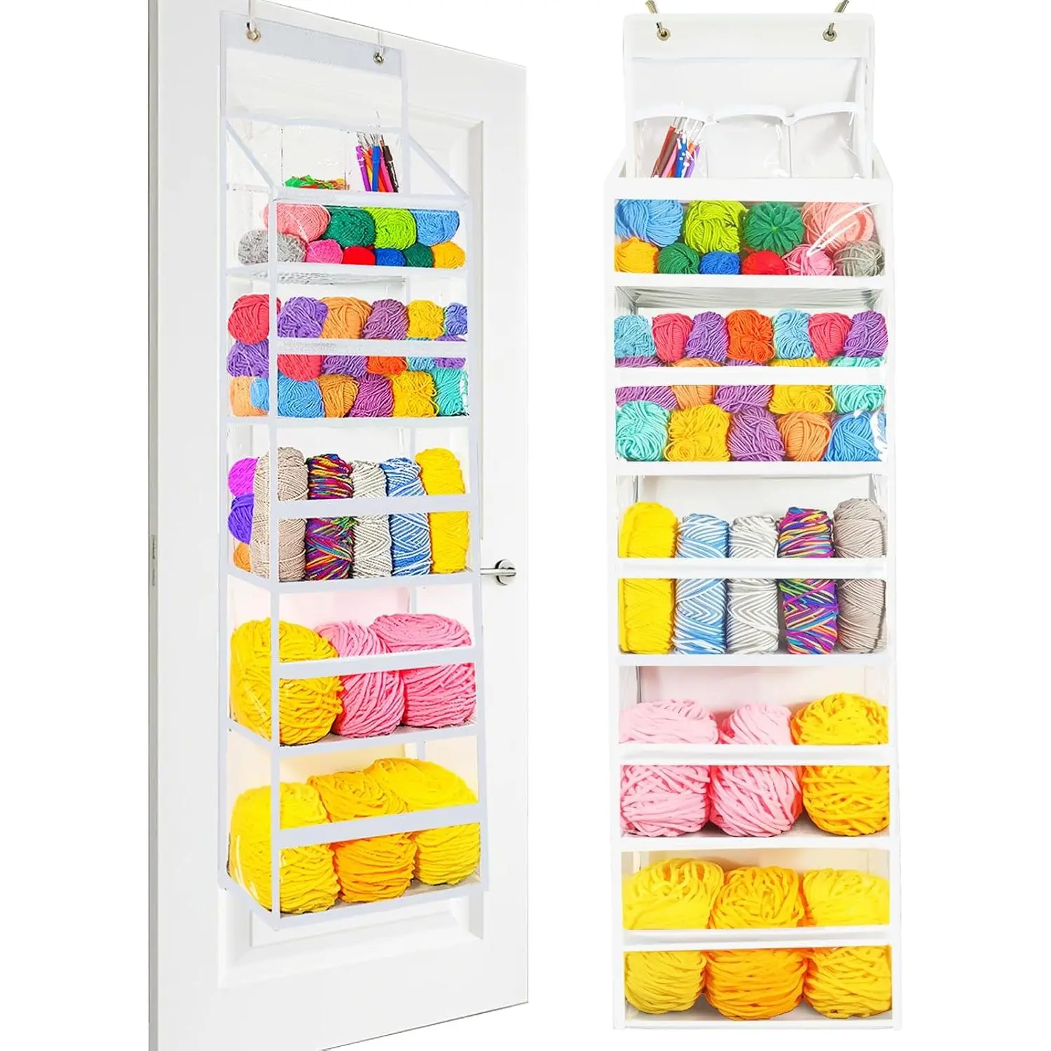 Hanging Yarn Storage Organizer Over Door - Clear PVC Craft Knitting/Crochet Organizer Bag with Metal Hooks, 5 Tier Yarn Holder, Behind Door Organization for Bedroom/Closet/Nursery/Pantry, 1 Pack