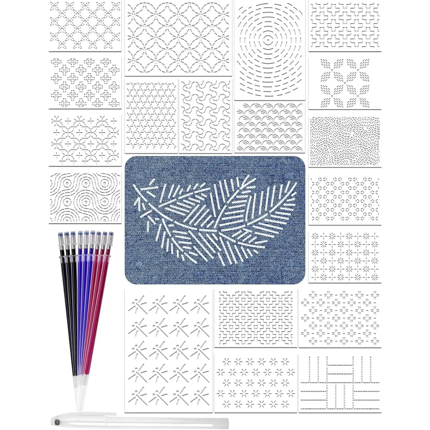 20 Pcs Sashiko Stencils 8.3 x 5.9 Inch Plastic Sashiko Template Pattern Geometric Embroidery Stabilizers Drawing Line Template for Hand Quilting Sewing