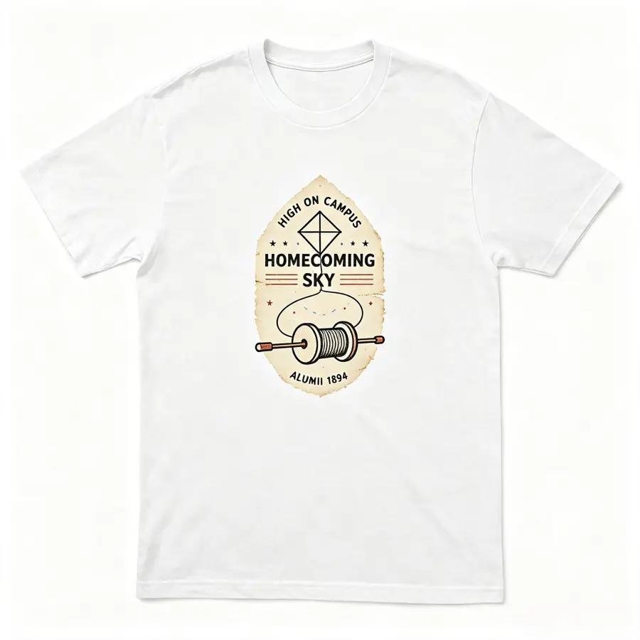 Men's Oversized Short-Sleeve Casual Loose 100% Cotton T-Shirt - Retro Paper Label Kite Spool Campus Homecoming Graphic, Classic Badge Nostalgic Top, Ideal Homecoming Reunion Gift For Alumni Students