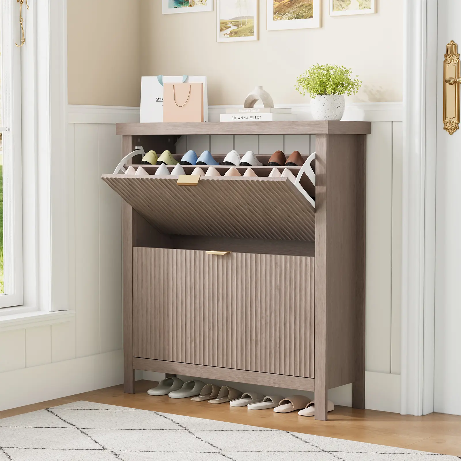 32.3" Narrow Shoe Storage Cabinet with 2 Flip Drawers – Slim Hidden Shoe Rack Organizer, Tilt-Out Design for Entryway, Hallway & Small Spaces – Sturdy Wooden Furniture