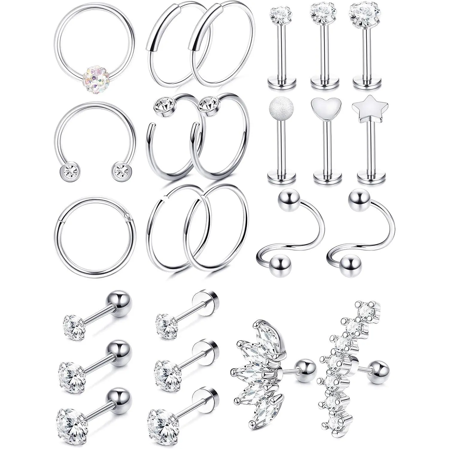 25 count Cartilage Earrings Hoop Studs for Women 16-20G Labret Flat Ball  Earrings Daith Tragus Helix Earrings