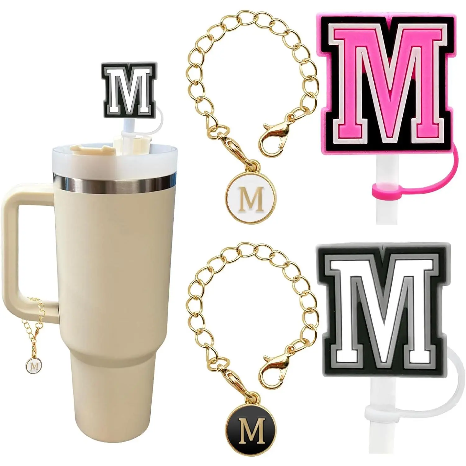 2count Straw Cover for Stanley Cup 30&40 Oz 10mm Straw Topper with 2count Stanley Cup Accessories Letter Charms Name ID Initial Letter Handle Personalized Charm For Stanley Tumbler