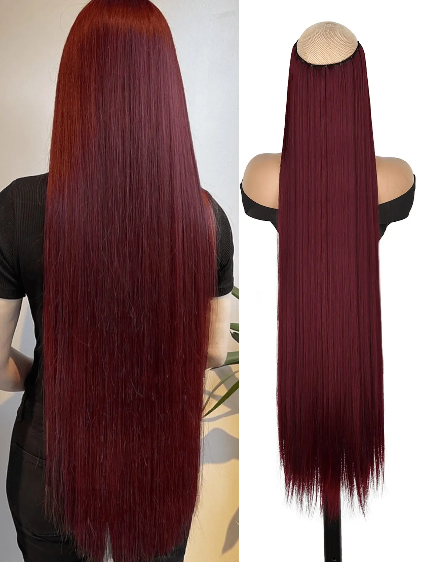 40 Inch Clip-In Hair Extensions, Burgundy Color Hair, Straight Synthetic Hair Pieces, Instant Color and Volume, No Heat or Glue Required, Perfect for Daily Wear, Halloween and Parties