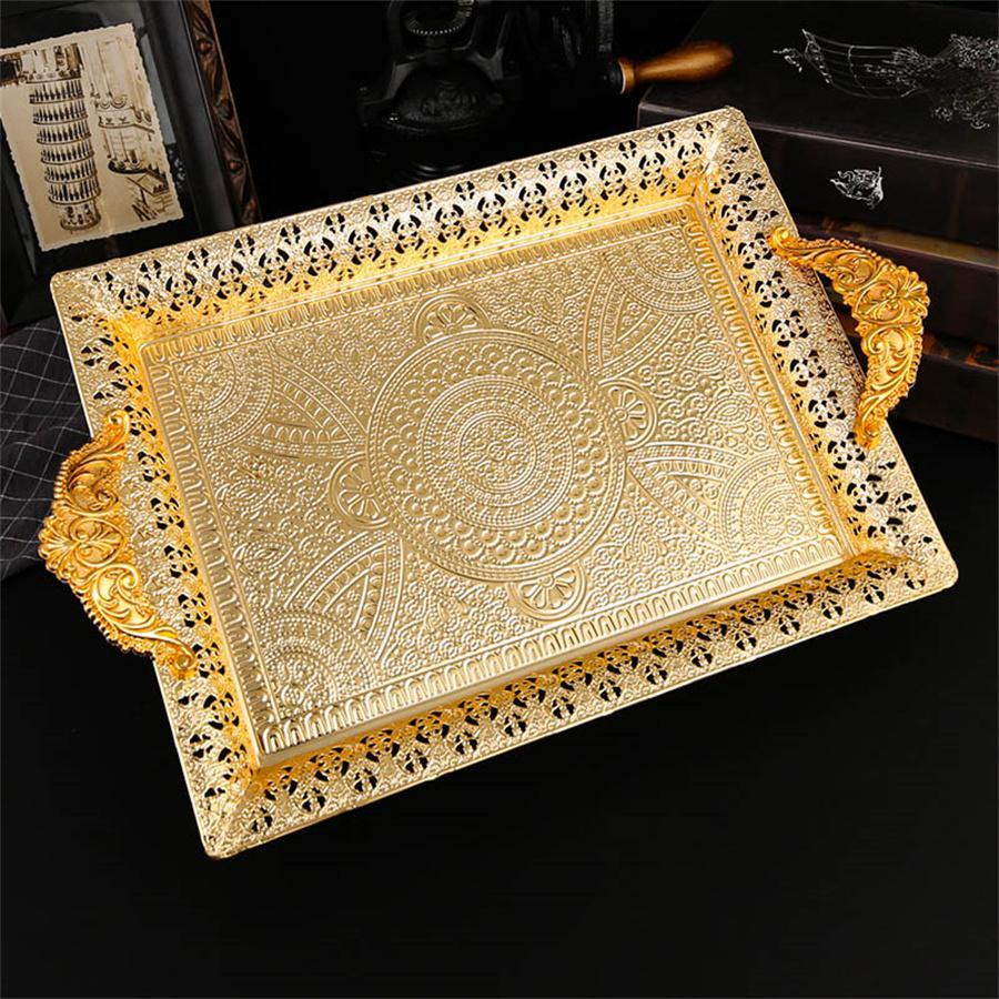 European Style Rectangular Serving Tray, Hollow Out Fruit Tray, Snack Tray, Dessert Tray, Desktop Decorative Tray for Home Living Room Coffee Shop, Plates