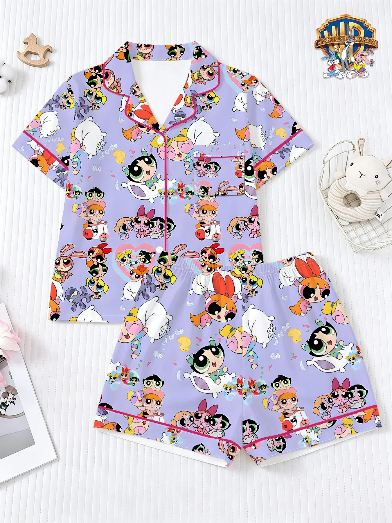 Warner Bros. Official the Powerpuff Girls Cartoon Print Kids Summer Open Front Pajama Set, Loose-Fitting Two-Piece Girl's Sleepwear