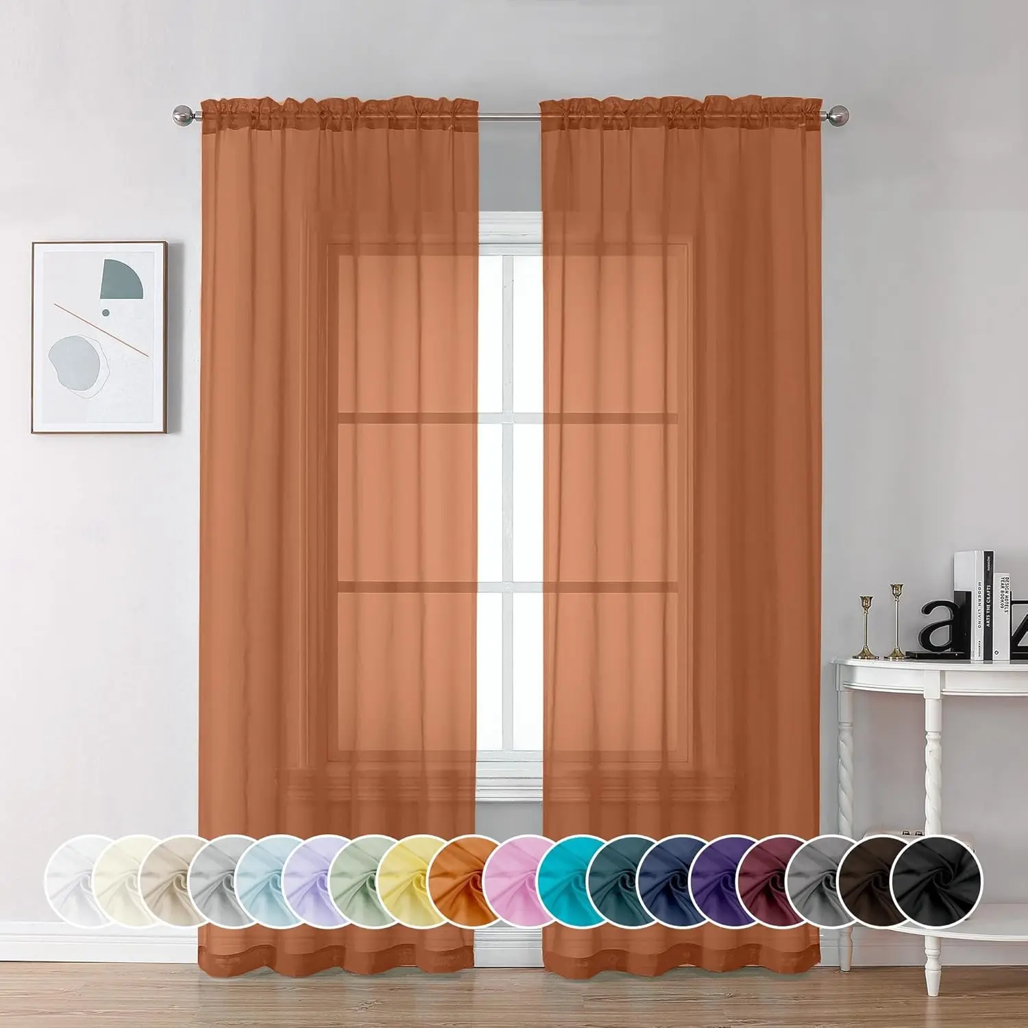 Burnt Orange Sheer Voile Curtains, 2 Panels Pack, 42x84 in Each Panel, Light Filtering Rod Pocket Window Drapes for Bedroom, Living Room, Two Panels Pack