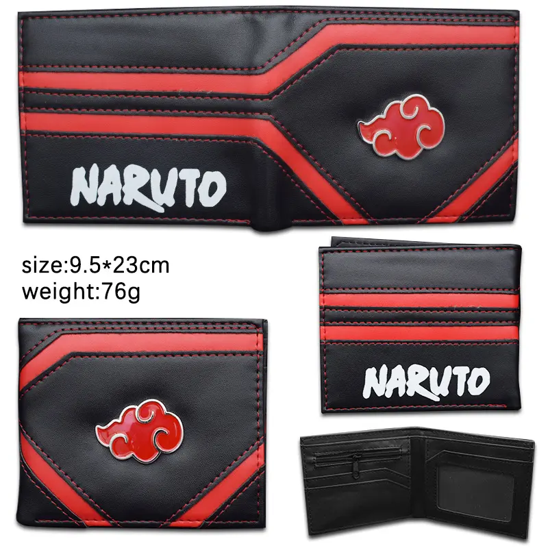 Naruto Shippuden Konoha Leaf Village Anime Theme PU Leather Bifold Wallet - Multi Slot, Zippered Coins Pocket, Metal Plate, Portable Money Bag Gift for Anime Fans Boys Teenagers