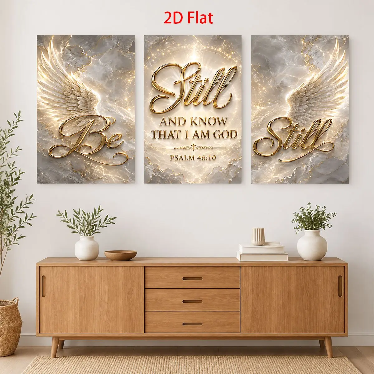 3-piece 2D flat painting - three-panel painting, with golden text "Quiet, wait, I am God," based on < Psalm 46:10 > , with a marble background, paired with angel wings canvas wall art, waterproof canvas print, ready to hang, home roAesthetic Room De