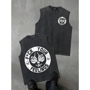 Rebellious Skull Gesture Print Summer Men Heavy Washed Pure Cotton Sleeveless Vest Tee, Front&Back Print, Street Casual Daily Wear