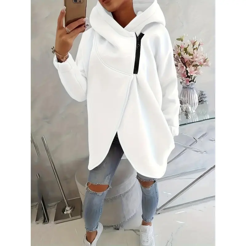 Women's Plus Size Oversized Knit Zip-Up Hoodie - Thick Warm Long-Sleeve Solid Casual Sports Outerwear, Elastane Polyester Blend, Machine-Washable Fall Winter Layering Wear Jacket (Grey)