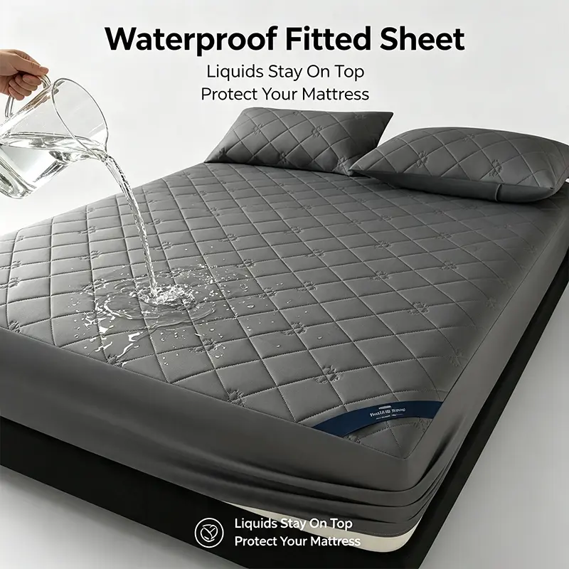 Premium Waterproof Quilted Fitted Sheet Set, Delicate Floral‑Grid Quilting Bedding Kit, Waterproof Surface With Full Surround Elastic Band, Complete Bedding for Apartment & Dorm