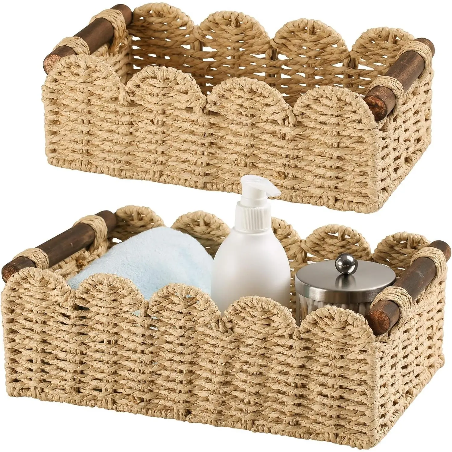 Beige Wicker Storage Basket Organiser - Wedding Gift Set for Toilet Paper, Toilet Tank Top