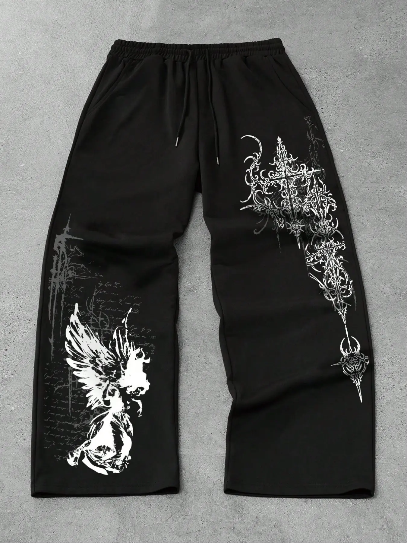 Streetwear Dark Style Long Pants, Full Print Angel Pattern, Loose Fit Slimming Versatile, Dark Angel Cross Print Wide Leg Sweatpants Unisex