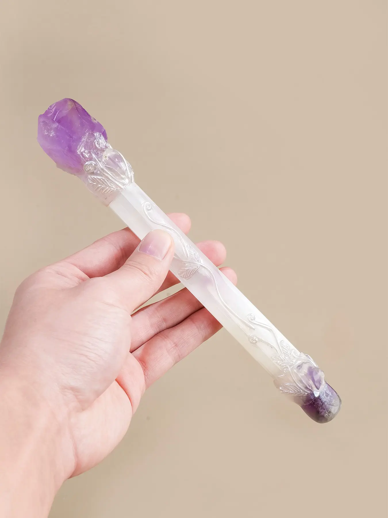 Natural Crystal Amethyst Rose Crystal Wand, Carved Selenite Decorative Crystal Stick, Ornament Gift for Home Display Collection, Crystal Decorative Ornaments