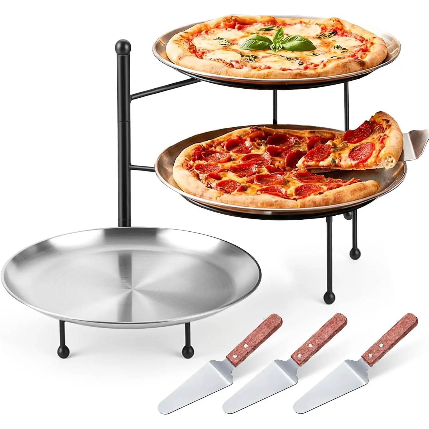 3-Tier Pizza Stand for Party, Black Metal Pizza Rack (10.2" H) | Tiered Tray Stand & 3 Pizza Pans & 3  Handle Serving Spatula, Space-Saving Display Pizza Rack for Buffet, Catering, Party