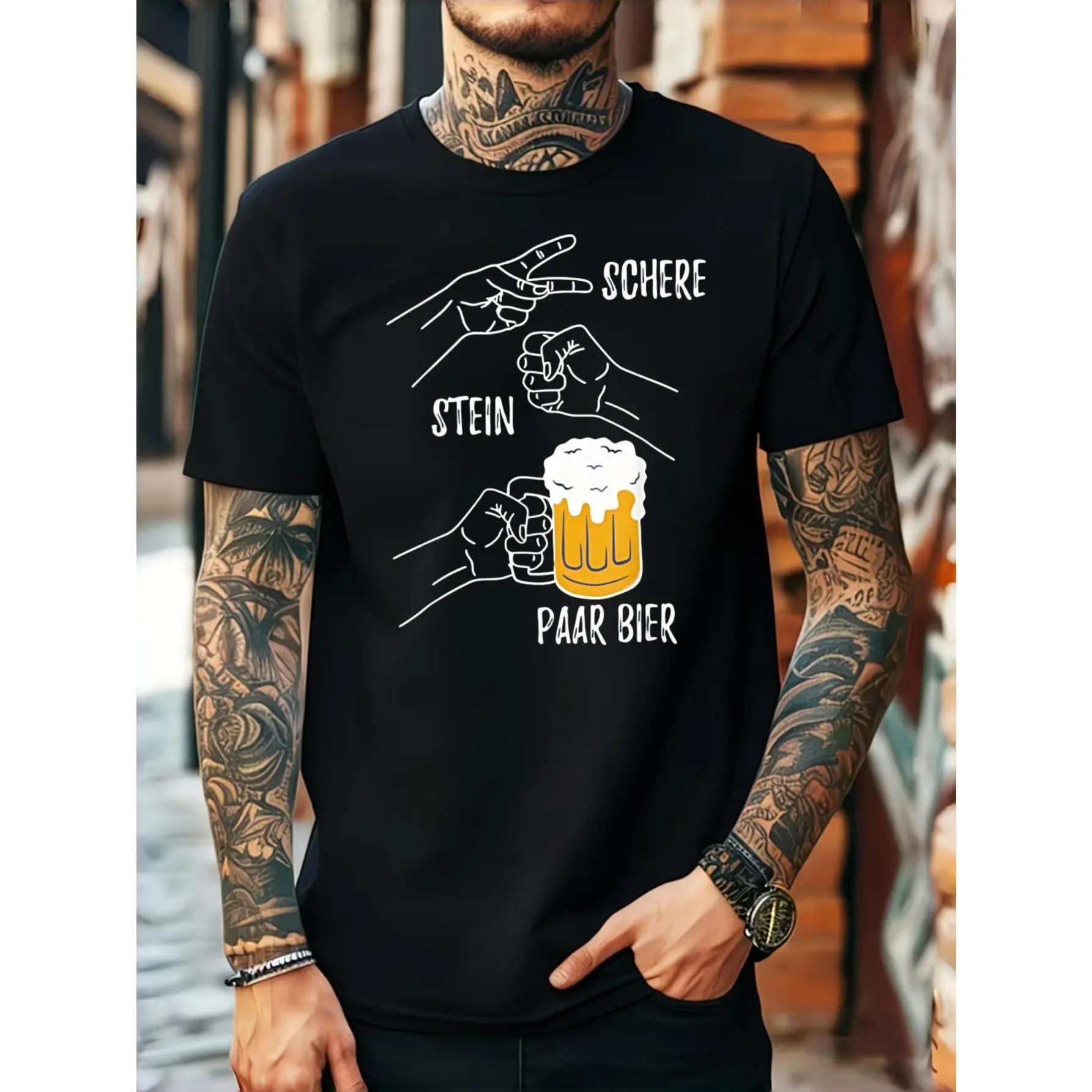 Casual Graphic Style, Men's T-Shirt, Schere Stein Paar Bier Beer Game Print Design, Summer Streetwear Casual Daily Wear, Gift For Boyfriend Husband Brother Friend