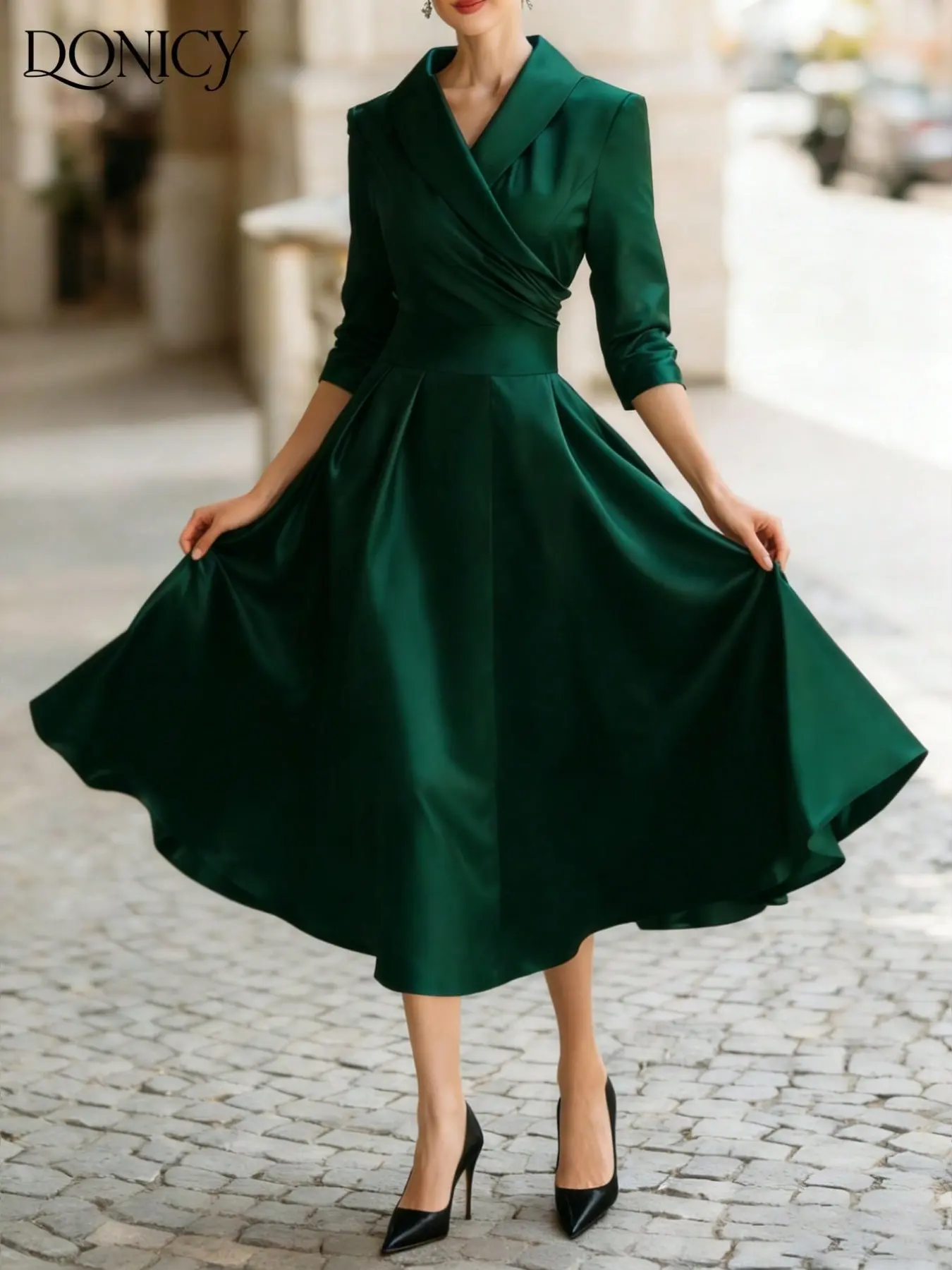 Women's Elegant Chic Satin Midi Dress, Formal Wear, Suit Collar Overlap V Neck, Seven-Quarter Sleeves, Waist Cinch, Side Pockets, Formal Occasions