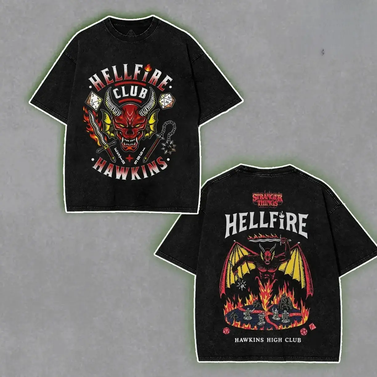 Stranger Things Hellfire Club Shirt - Urban Streetwear Washed Boxy-fit Tee, Hawkins High School Eddie Munson Aesthetic Graphic Tops, Soft Cotton Casual Seamless Apparel, Gift for TV Show Fans Menswear 46K