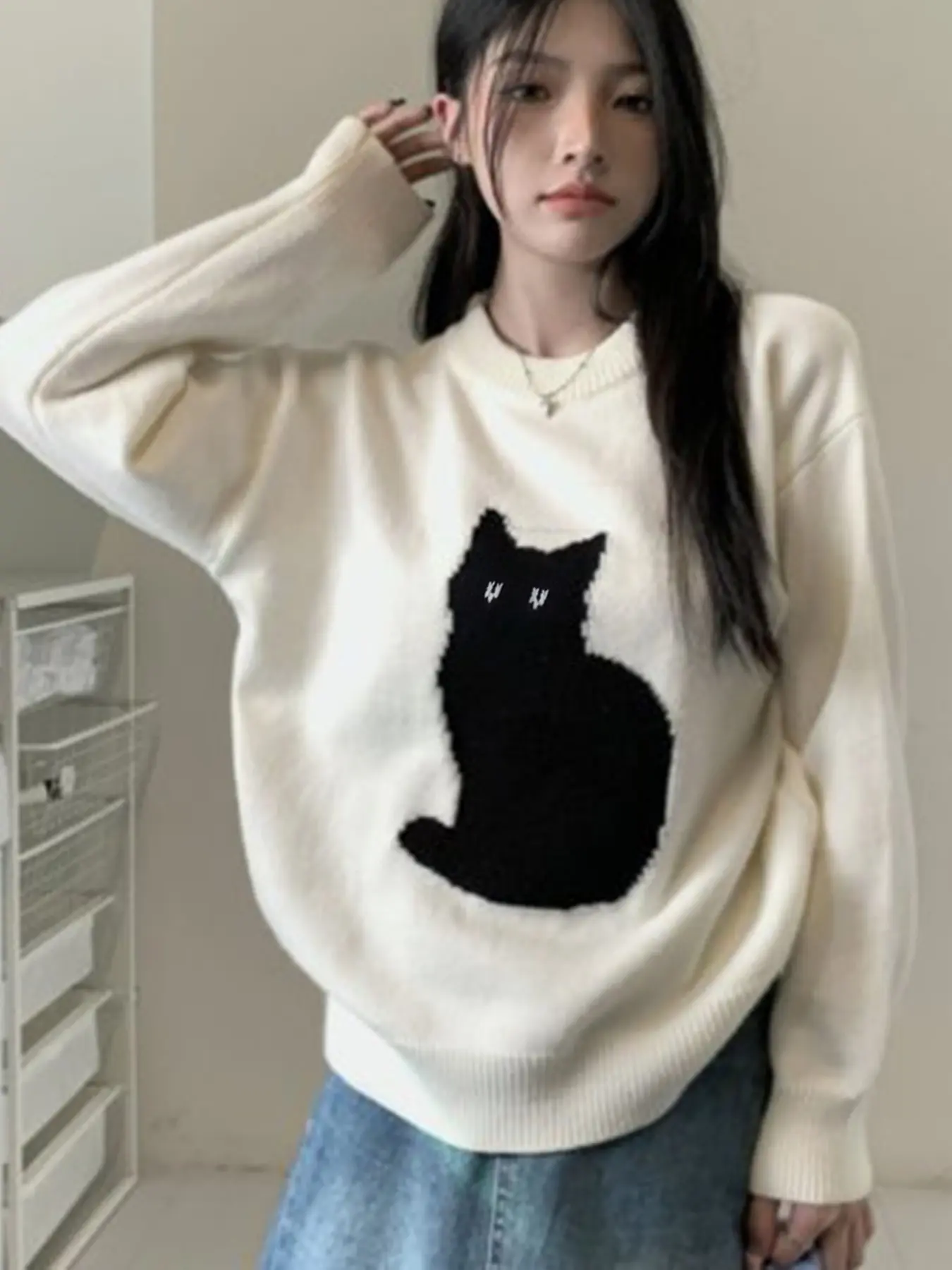 New Fashion Korean Style Round Neck Long Sleeve Knitted Sweater, Cute Cat Pattern, Loose Fit, Casual Knit Top, Office Wear, Date