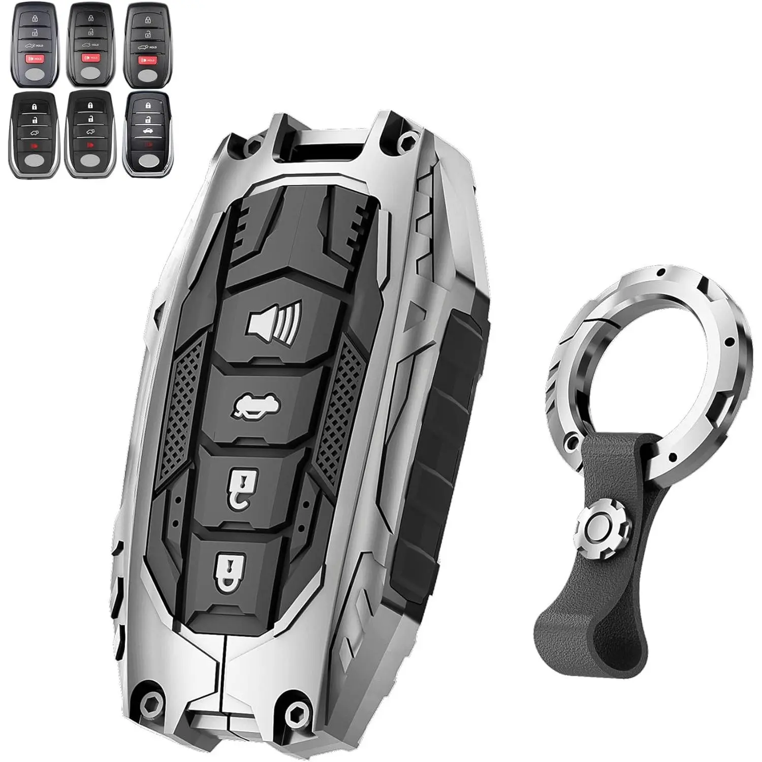 Zinc Alloy Car Key Case Protector - Heavy-Duty 4-Button Holder with Keychain, Car Key Accessory for Toyota RAV4, Tundra, Camry (Silver)