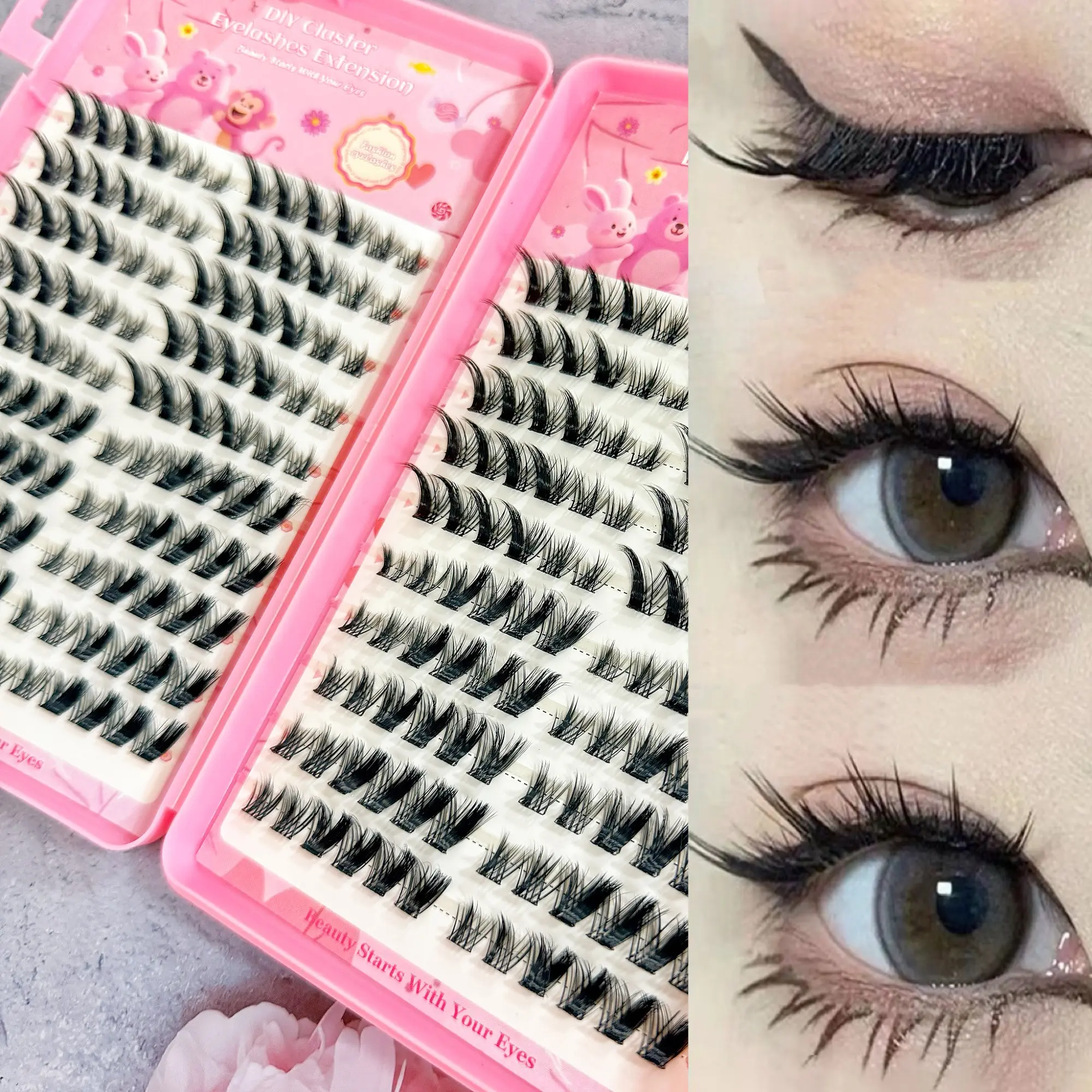 Directly Applied False Eyelashes, 240pcs Dense Fluffy D Curl, Mixed Length, Self-Adhesive, Volume Full, European Style