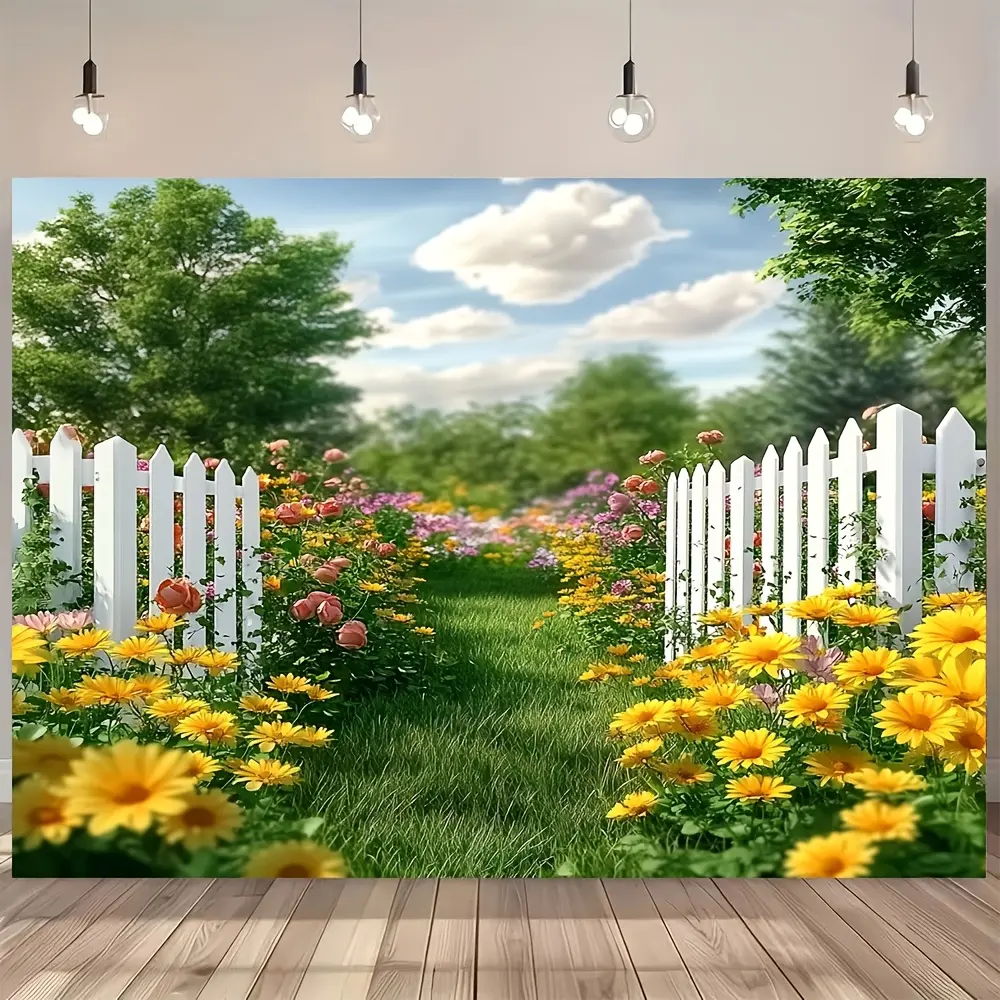 Spring Tapestry Featuring Floral Designs And a White Fence, Made of Polyester. Ideal for Props, Party Decor, Outdoor Settings, And Scene Embellishments