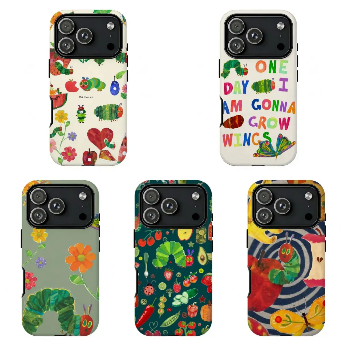 Whimsical Caterpillar Custom Durable Smartphone Case - Multicolor Text & Fruit Print, Cream-Green-Teal Backgrounds, Camera Protection - Accessory Shell for iPhone 11-17 Air Pro Max, Samsung S21-S26 - Gift for Her