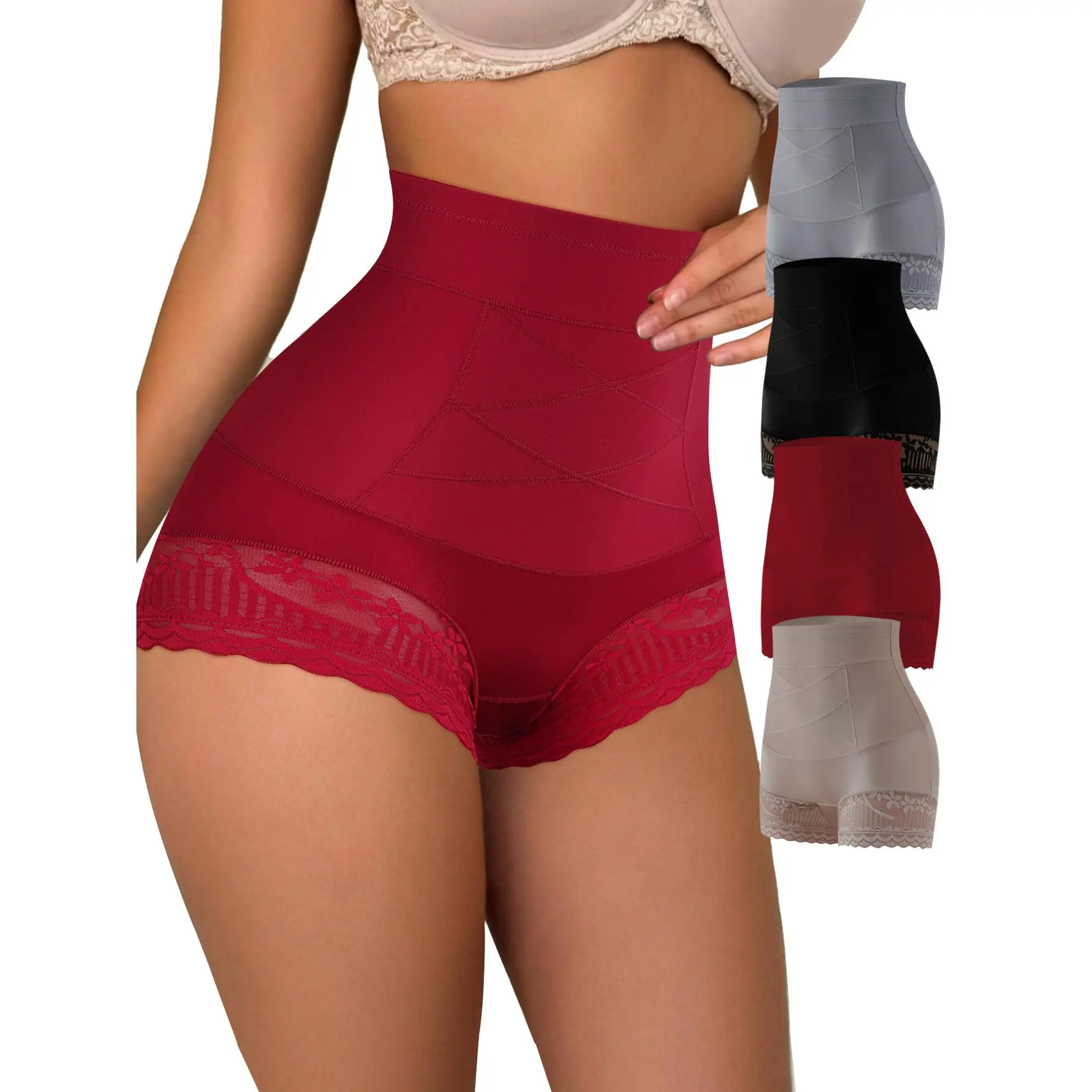 QUASTI 4-Pack Women's High-Waisted Lace Shaping Panties, Soft Solid Color, Tummy Control & Butt Lifting Sexy Panties, Crisscross Design, Invisible High-Elastic Fabric, Suitable For Everyday Wear, Minimalist Style, XS-XXL summerwins Elastic Shapewear Elega