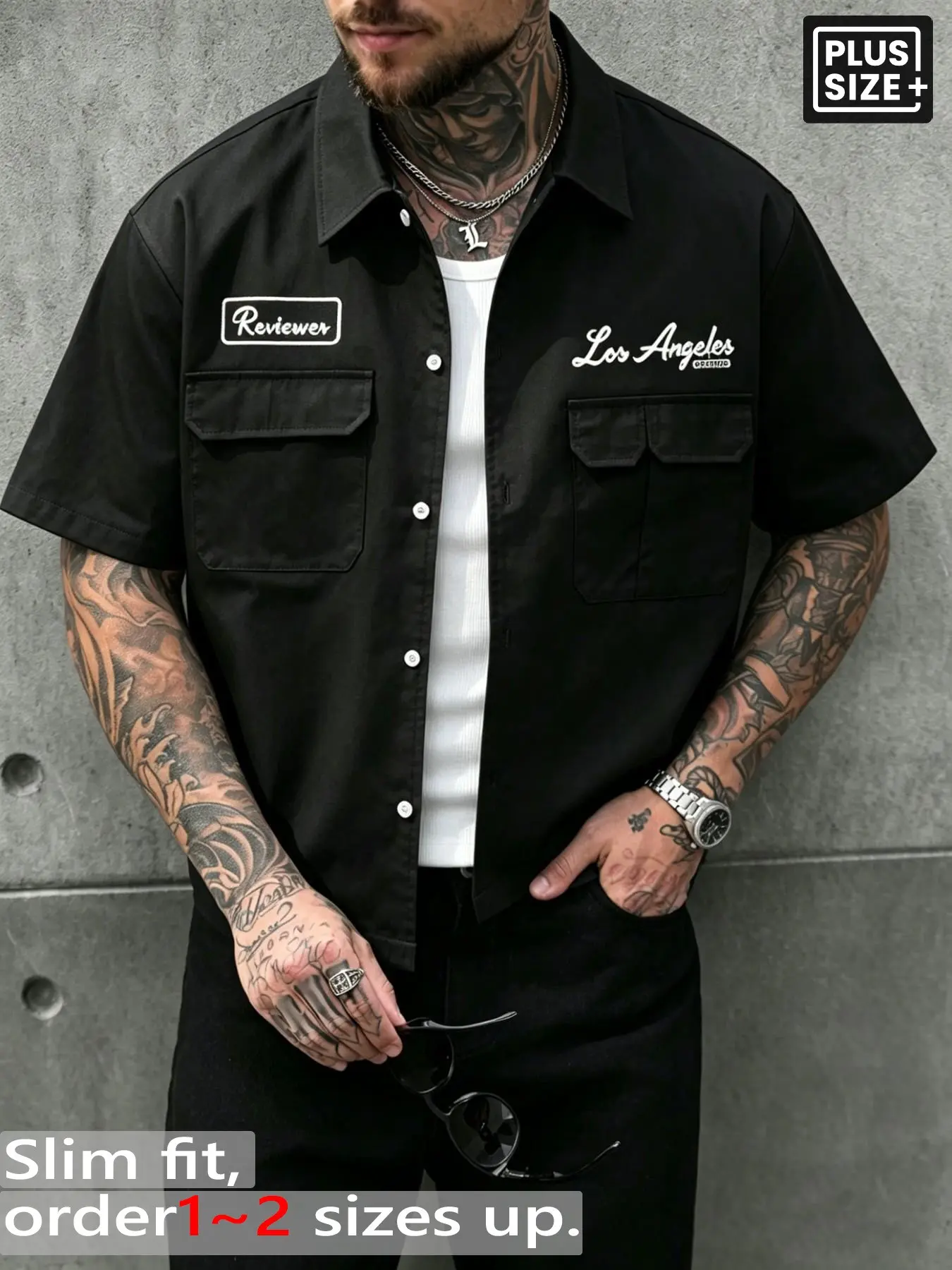 Men's Plus Size Los Angeles Script & Reviewer Patch Short Sleeve Workwear Shirt, Layered Streetwear, Casual Summer Clothes, Collared Button Down Shirt for Daily Wear & Urban Style, Button Up Shirt