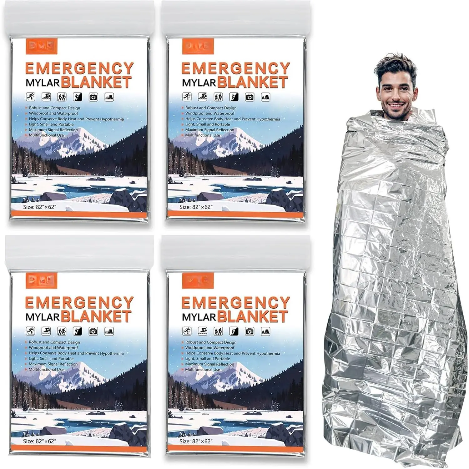 4 Pack -Large 82” x 62”   Mylar Thermal Blankets, Thermal  Blanket  for Camping, Hiking,  Insulation, Outdoors,   Kit,  Out Bag