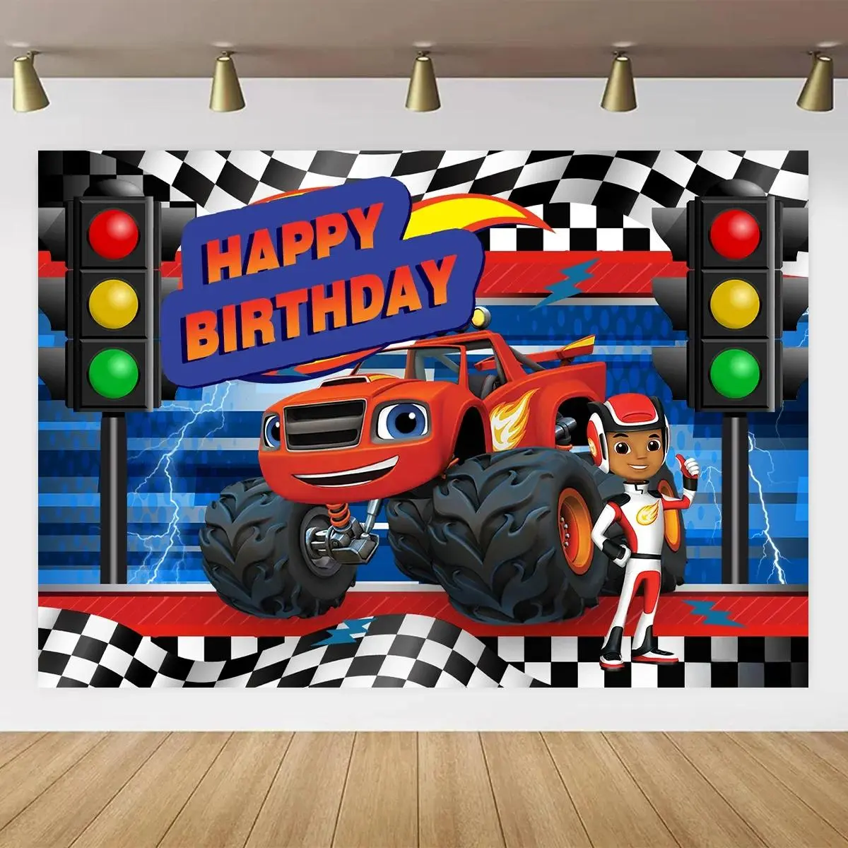 Blaze and the Monster Machines Birthday Backdrop Background Cloth, Cartoon Racing Tapestry Wall Hanging Photography Background Premium Polyester Fabric, Boys Birthday Party Decor, Photo Booth, Event Setup, Studio Background