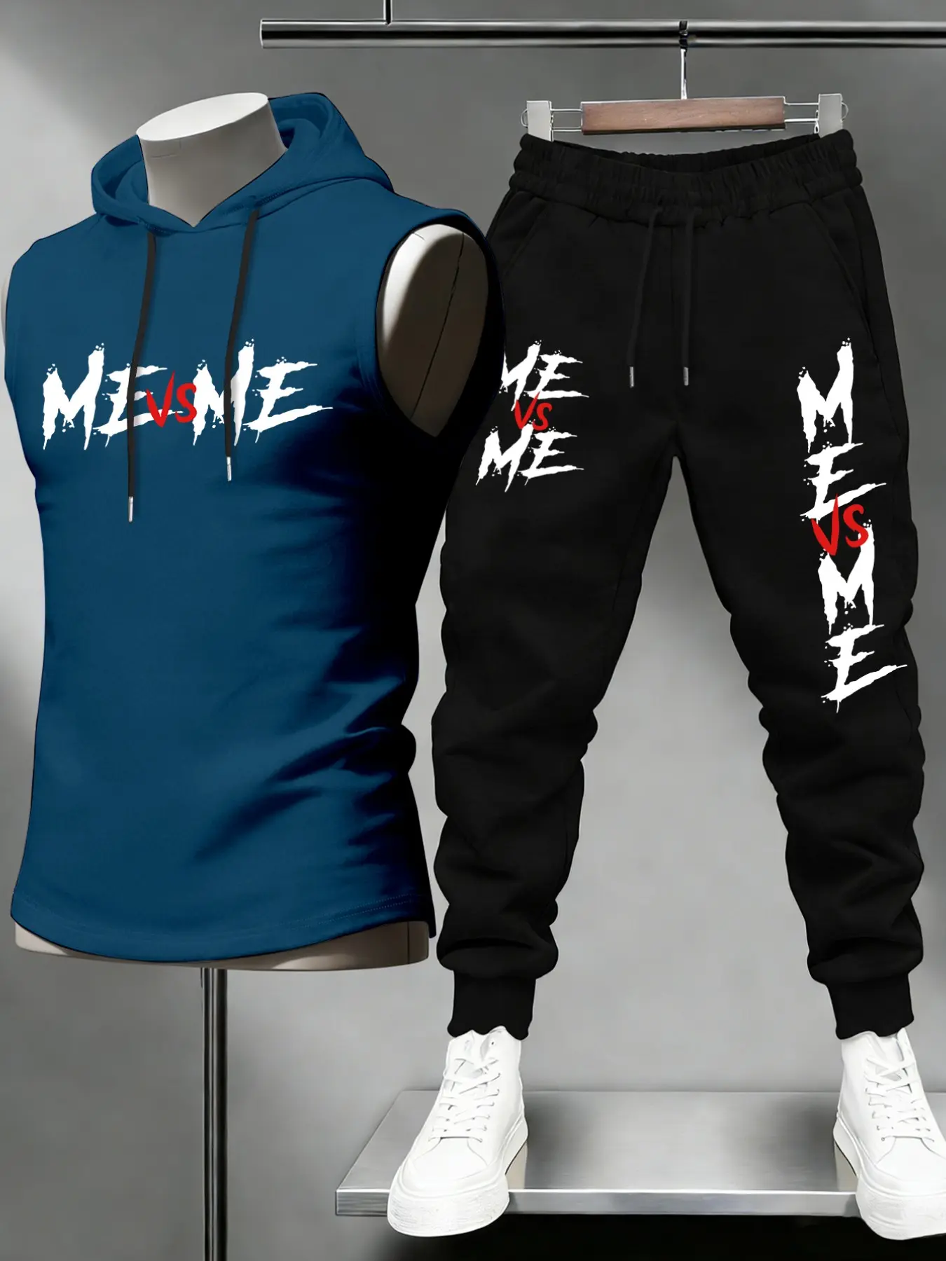 2 Piece Men Drawstring Hooded Sleeveless Tank & Cuffed Jogger Pants Matching Set, Athleisure Activewear Clothing, Me Vs Me Distressed Brush Letter Graphic Print Loose Streetwear Tracksuit For Daily Gym Casual Training Outfit
