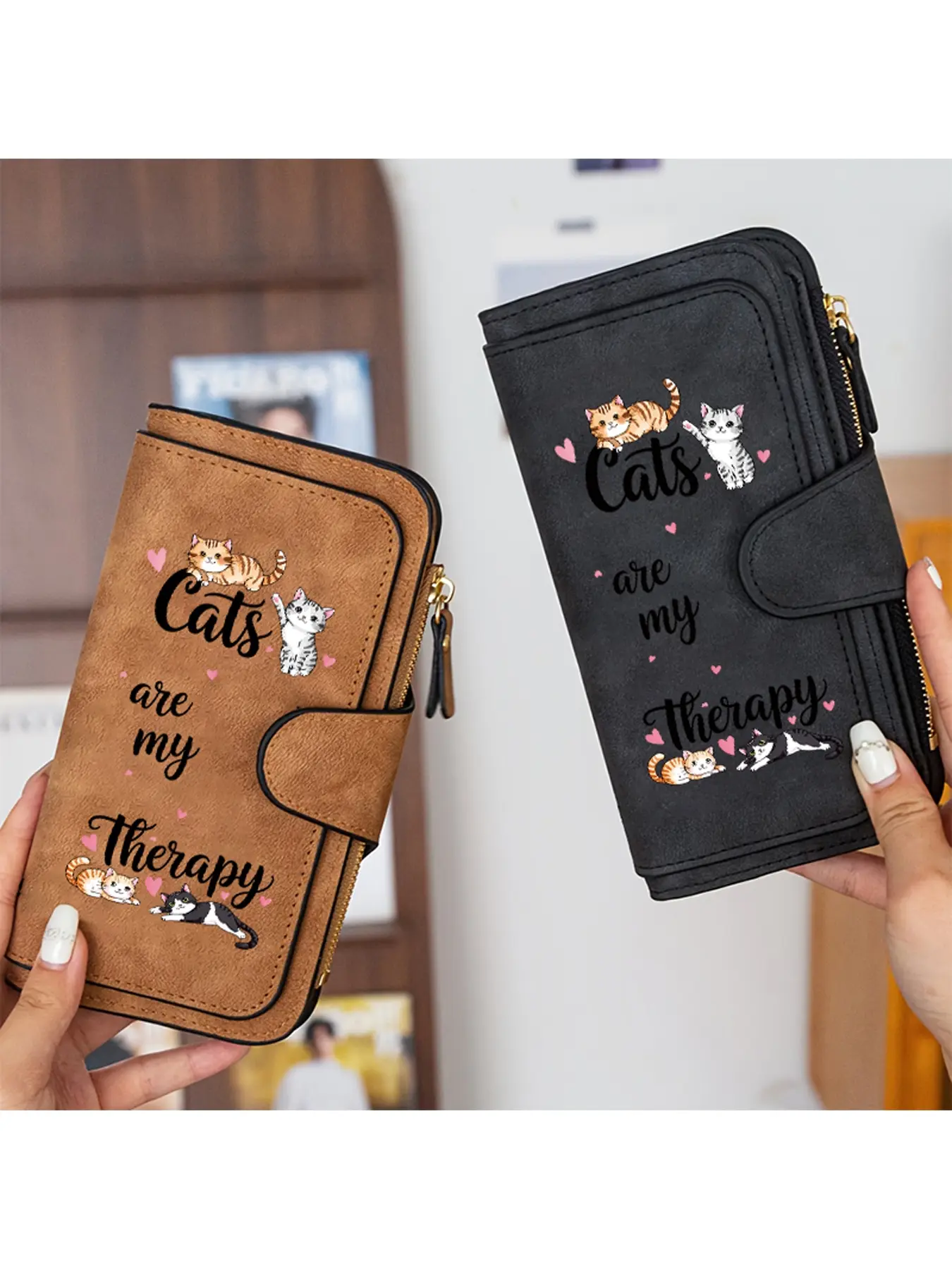 A ladies' wallet with the theme of "Cat", featuring cute cats and heart-shaped decorations, a four fold multi slot ladies' wallet that perfectly stores your cash, cards, and more, making it a birthday/Halloween/Christmas gift for cat lovers