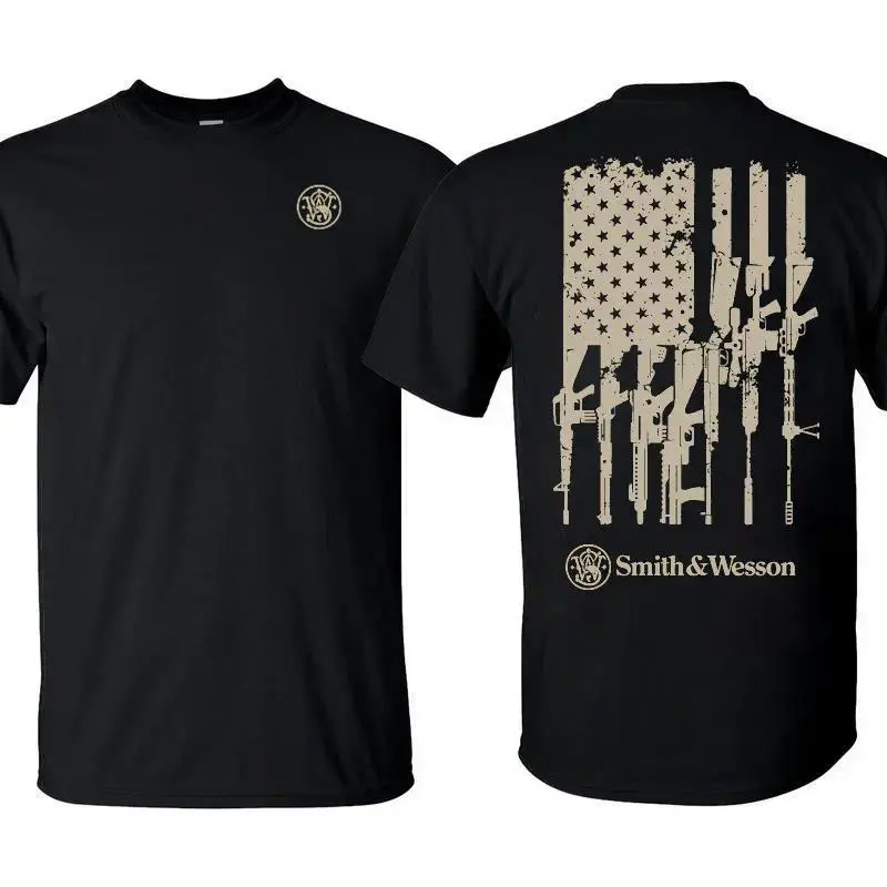 Men's Smith & Wesson Round Neck Cotton Fabric T-Shirt - American Flag Graphic, Casual Tops, Tactical Firearms Design, Unisex Shooting Gear, Gift for Gun Enthusiasts, All Seasons, Shortsleeve, s0728, Pair with Jeans