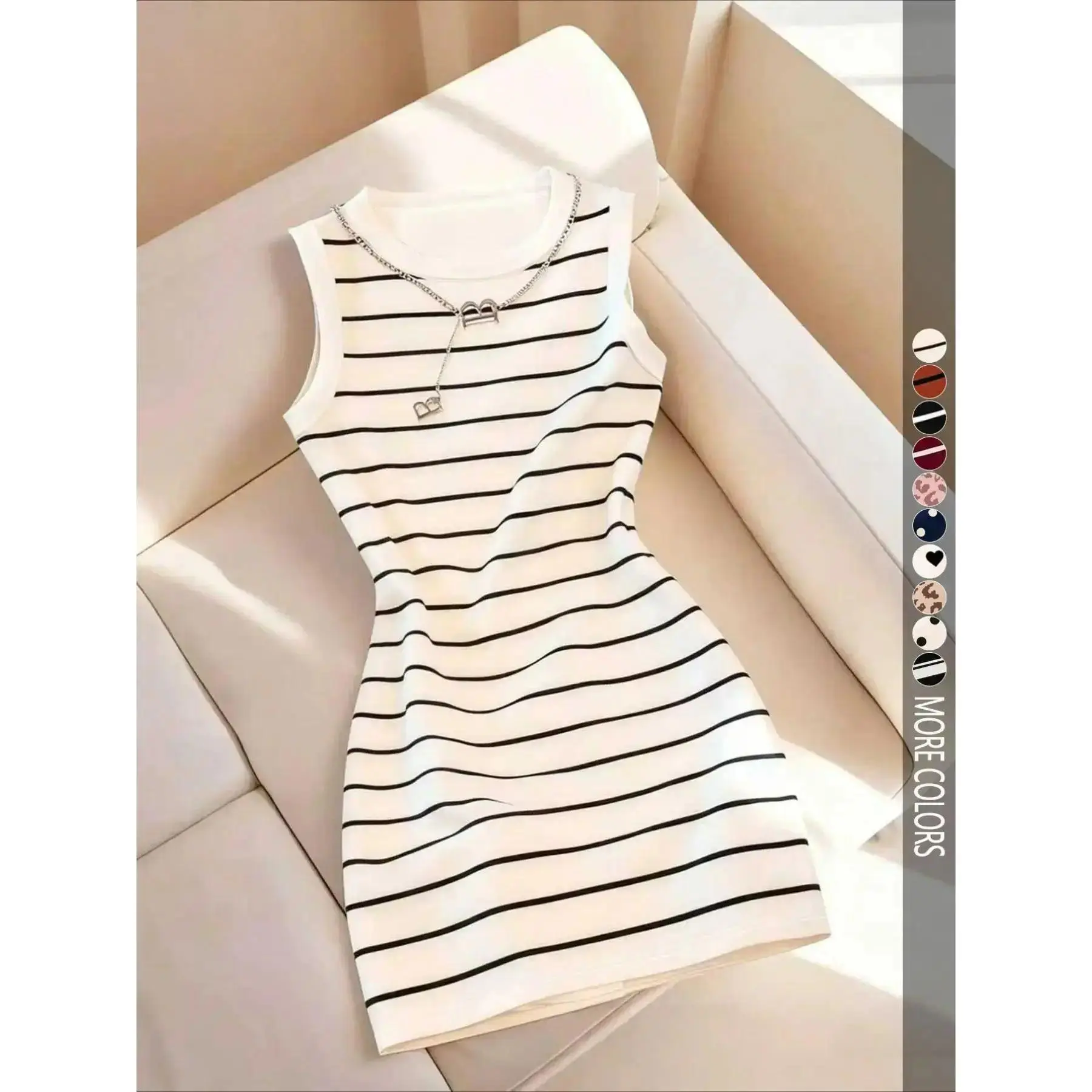 Slimming Striped Bodycon Dress | Sleeveless Round Neck for a Flattering Curve