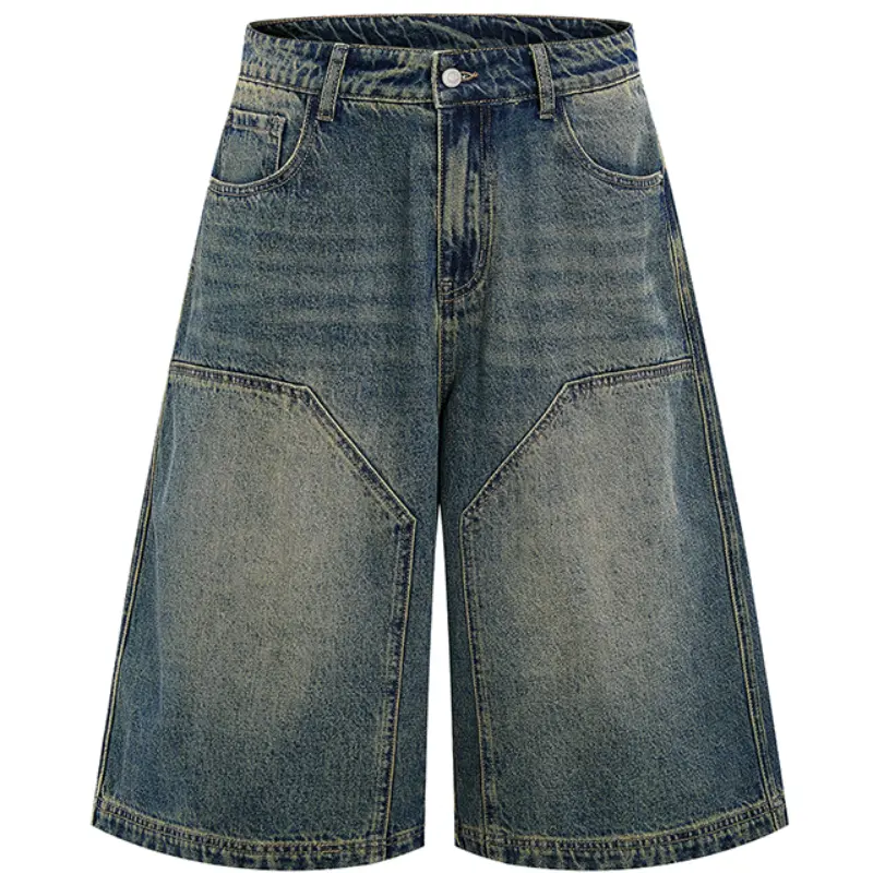 Men's 5" Vintage Spliced Denim Shorts, Straight Leg Streetwear with Faded Wash and Contrast Stitching, Male Clothing, Jean Shorts, Split, Fashion Apparel, Fathers Day Gift, Vintage Clothing, Button, Casual Jorts, Breathable, Stylish, Menswear