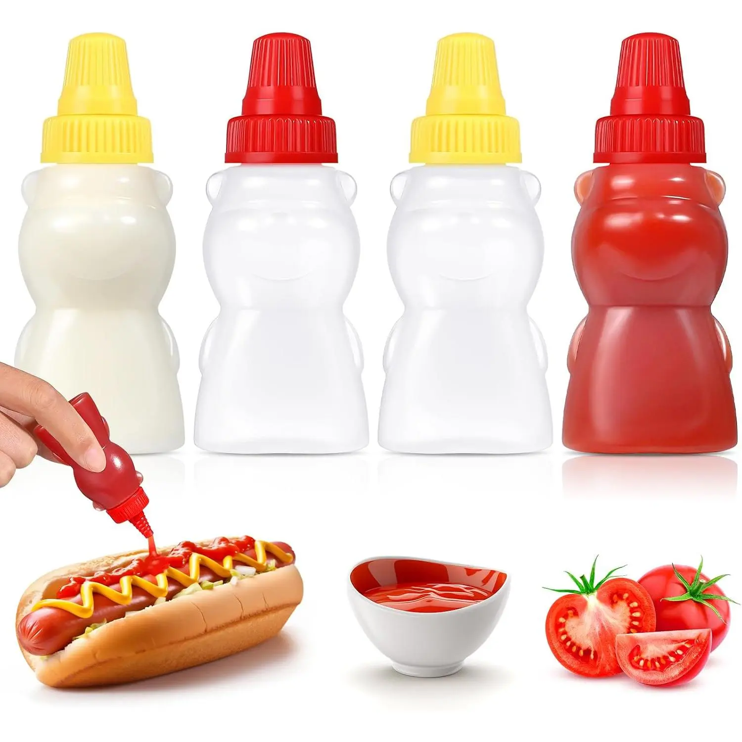 4 count  Shape Mini Condiment Bottles, 1 oz Mini Ketchup Bottle for Lunch Box, Small Travel Squeeze  Containers for Sauces Mustard Salad Dressing Lunches Accessories