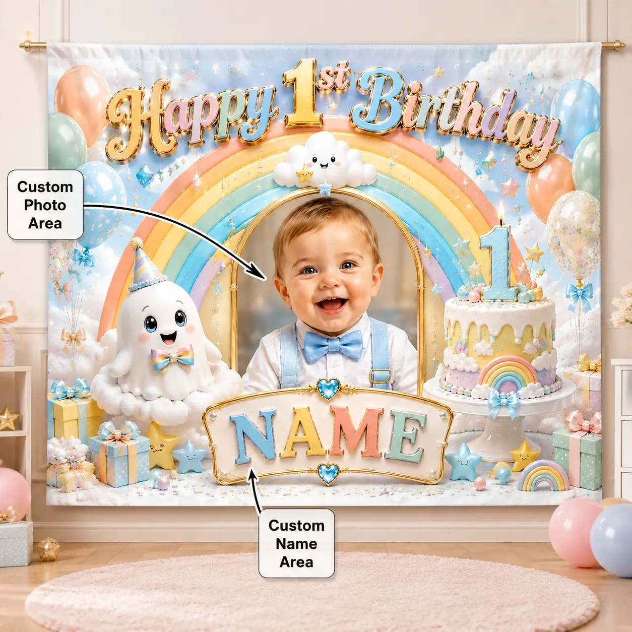 Custom Rainbow 1st Birthday Backdrop With Photo and Name, Pastel Party Decor
