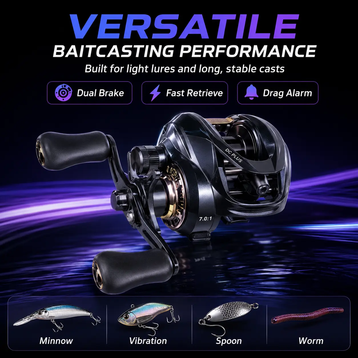 DCPLUS Baitcasting Reel 7.0:1 High Speed Gear Ratio 17.64LB Max Drag 27-Level Spool Damping Brake System Dual Spool Design Ultra Lightweight Frame Smooth Long Cast Performance Integrated Audible Drag Alarm