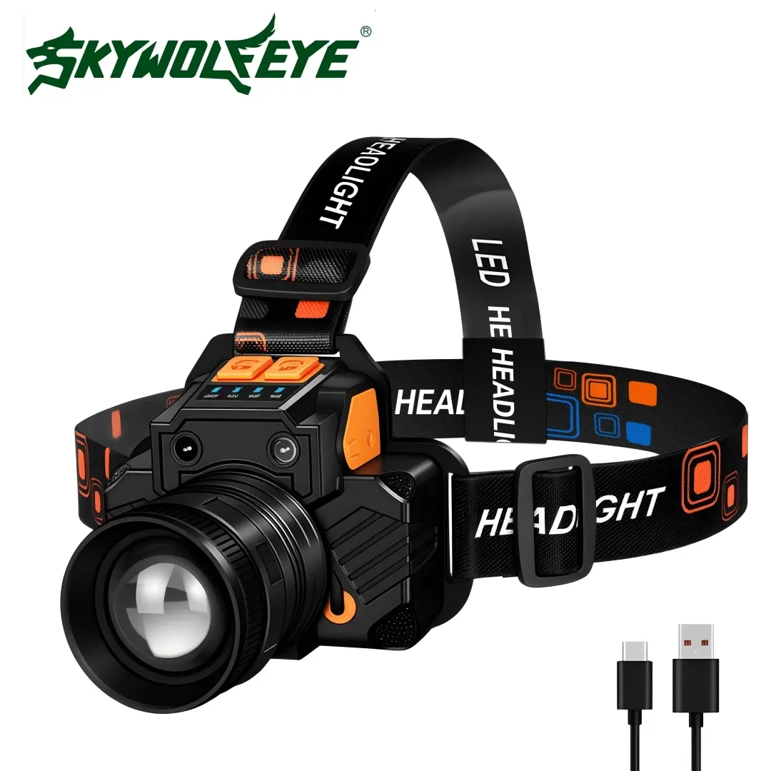 SKYWOLFEYE GY09 Rechargeable Motion Sensor Headlamp, 5H Strong Light Mode Brightness LED Headlight, IPX6 Waterproof Head Lamp for Night Fishing, IPX6 Waterproof Head Lamp for Night Fishing, Work, Skiing & Emergency Use Flashlight