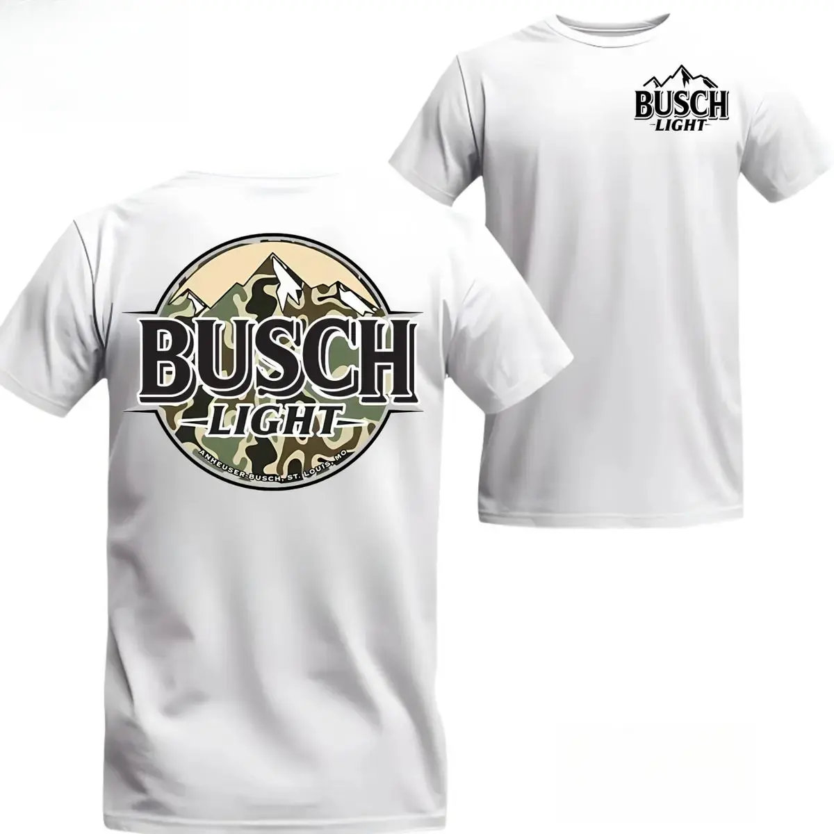 Camo Mountain Silhouette Graphic Shirt - Busch Light Inspired Beer Apparel - Double Sided Premium Cotton Shirt - Hunting & Fishing Apparel - Cool Gift for Beer Lovers - By Clay Bloom graphic tees