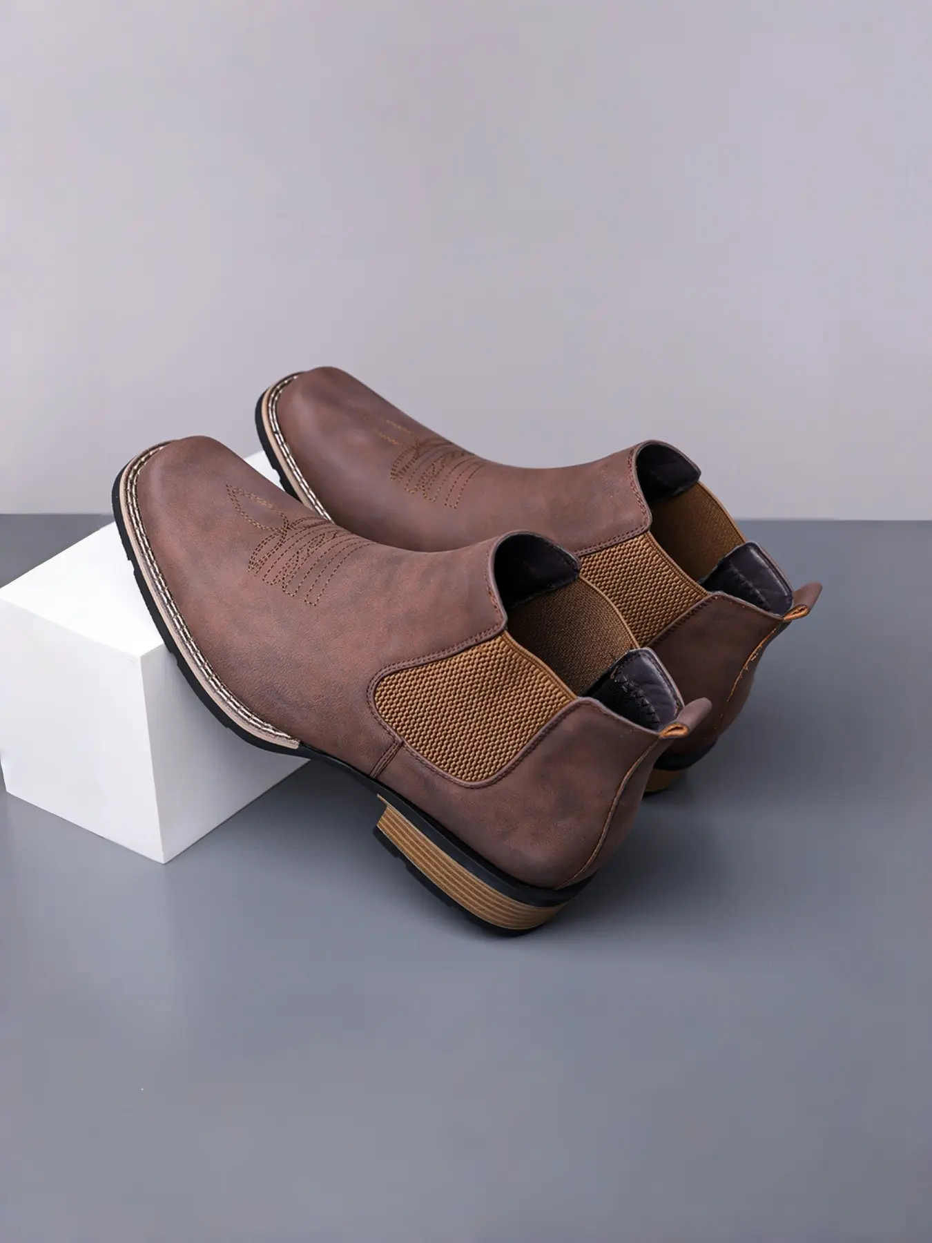 0808 Embroidered Chelsea Boots, No Laces, Western Retro Gentleman Style, Western Inspired Boots, Pull On Boots, Casual PU Leather, Wide Fit, Spring & Fall, Footwear